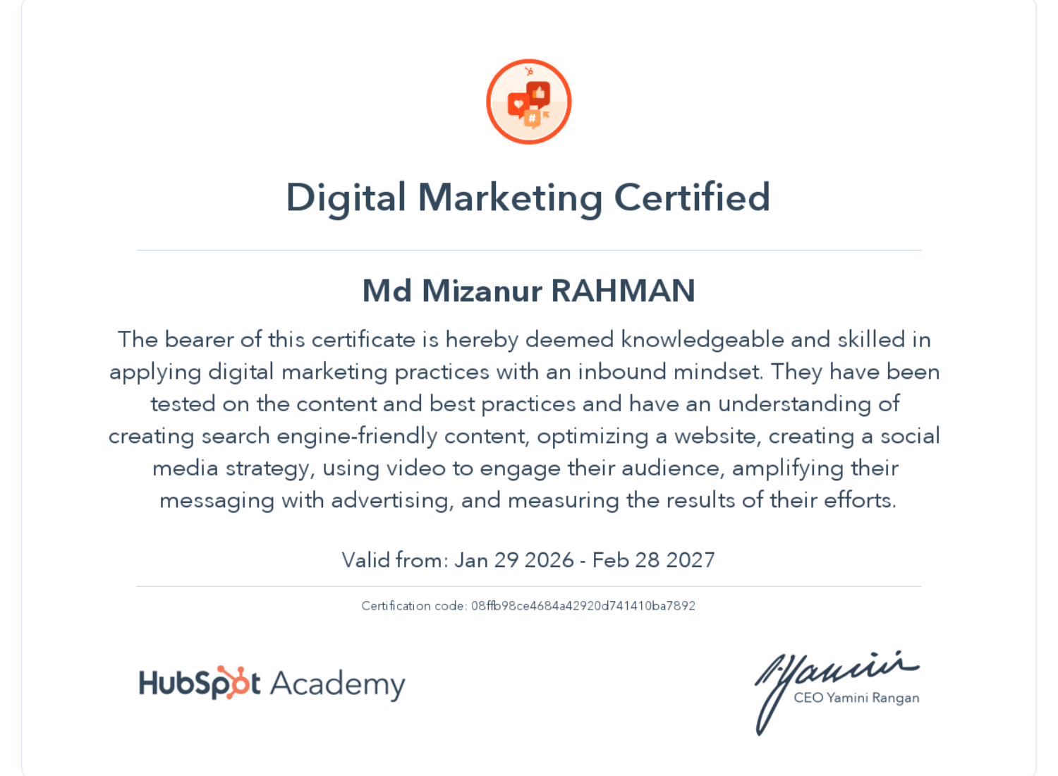 Md Mizanur Rahman's HubSpot Academy Digital Marketing Certificate
