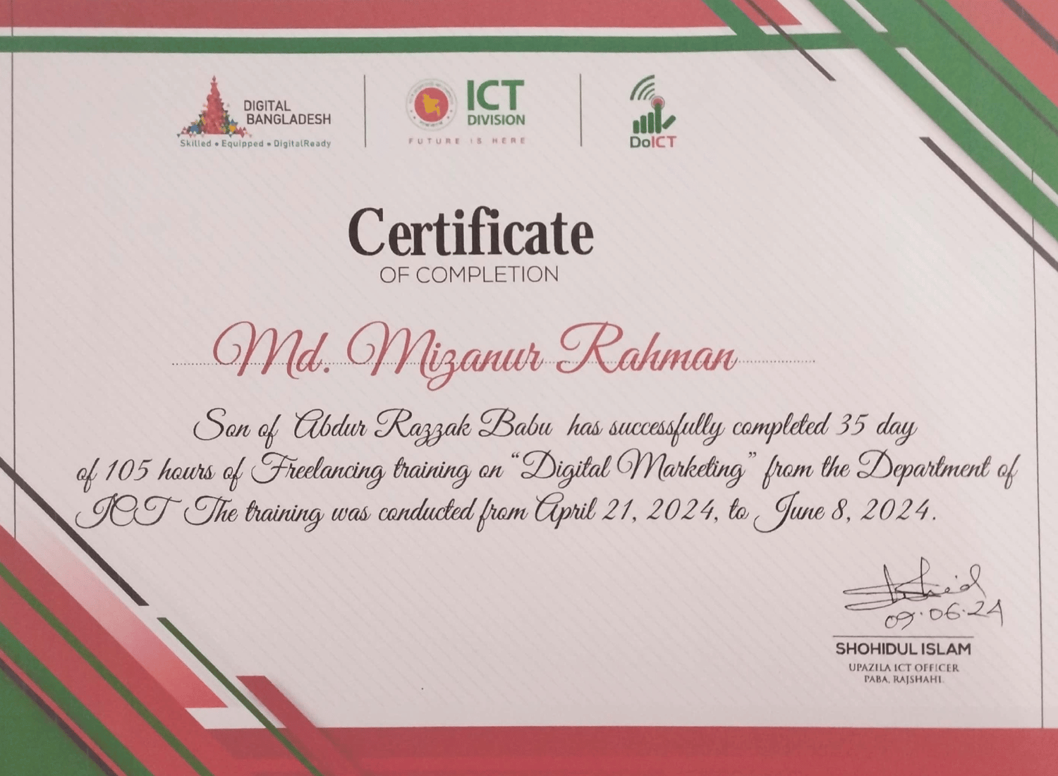 Md Mizanur Rahman's Bangladesh ICT Division Digital Marketing Certificate