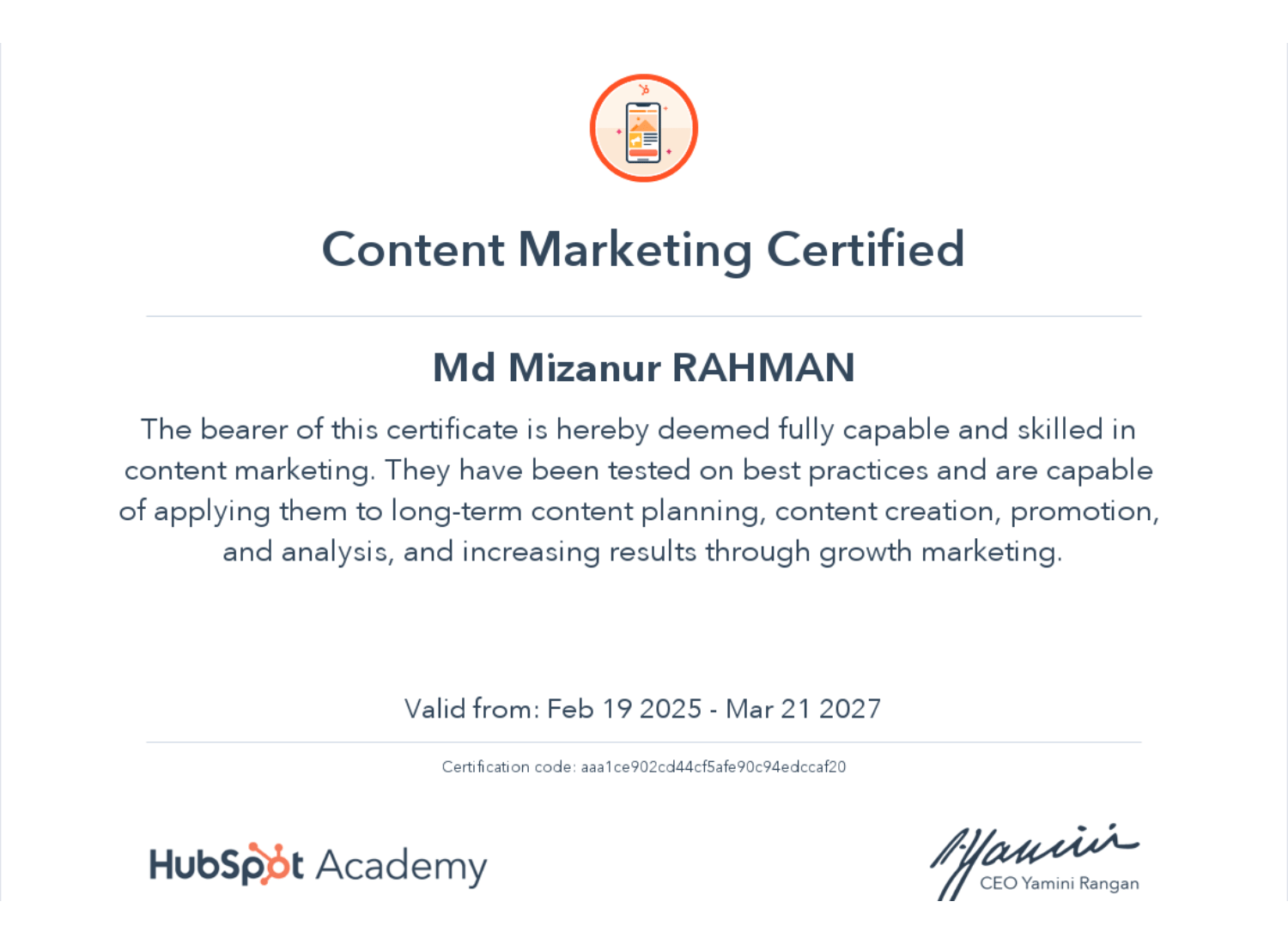 Md Mizanur Rahman's HubSpot Academy Content Marketing Certificate